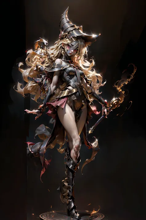 (8k,photorealistic　raw photography　the highest quality;1.4) 　(1girl in)　super beauty　(realistic face)　femenine body 　(Blonde with long curls)　Hold a black and red magic wand.　combat scene　Magic hat with black and gold exterior.　Beautiful expression　Glare　(...