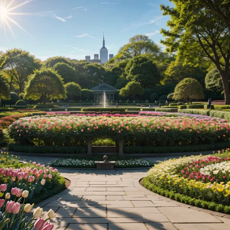 Create a realistic image of the New York Botanical Garden in the height of spring. The scene should be filled with vibrant, blooming flowers in a variety of colors, including tulips, daffodils, and cherry blossoms. The meticulously landscaped pathways are ...