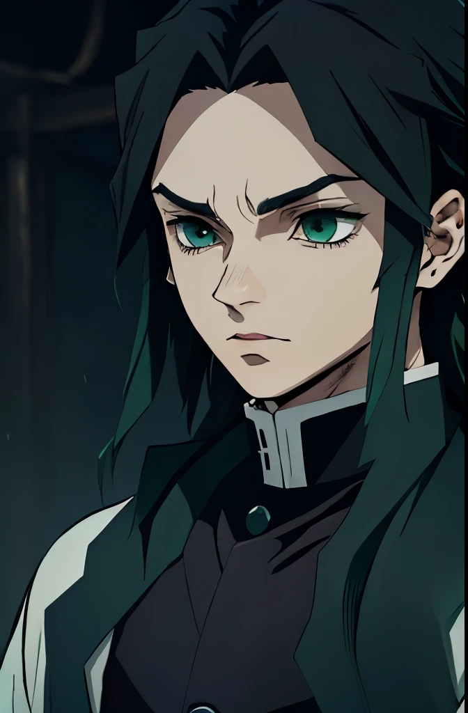 Kny oc anime boy with long black hair and blue and green tones, with an ethereal and almost supernatural appearance