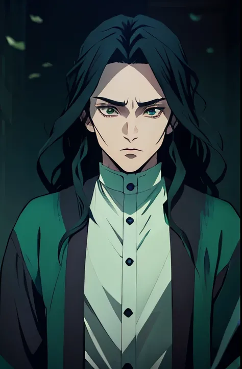 Kny oc anime boy with long black hair and blue and green tones, with an ethereal and almost supernatural appearance