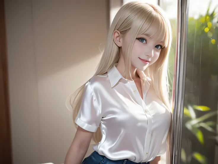 Portrait、((Silk material:1.3))、Bright expression、Younger, brighter, whiter skin、Best Looks、Blonde reflection、Platinum blonde hair with dazzling highlights、Shiny bright hair,、Shiny beautiful bangs、Sparkling, clear, attractive big blue eyes、A very beautiful,...