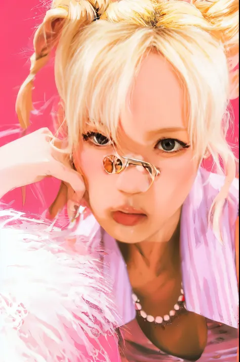 Espawinter,blonde hair,Long eyelashes,bandage on nose,pink background,lower left white fur,mixed color striped shirt,pearl necklace