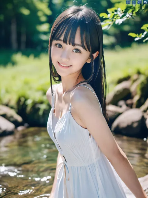 (Close up portrait of slender small-breasted dark silver long hair with swept bangs girl wearing a white summer dress:1.5)、(One girl is splaying with small smile in the clear stream and water fall at the forest in Japan:1.5)、(Summer beautiful blue sky and ...