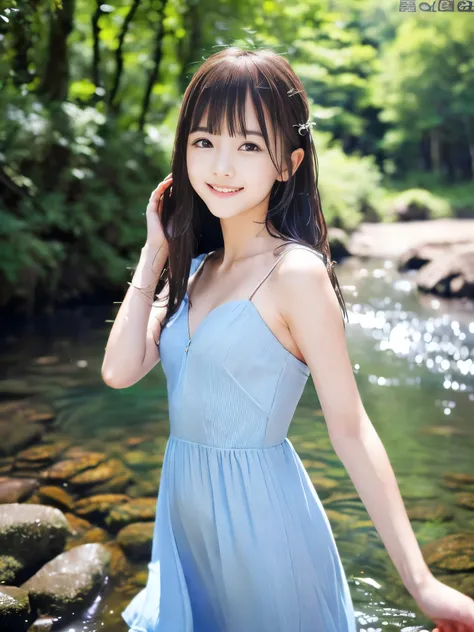 (Close up portrait of slender small-breasted half up brown long hair with bangs girl wearing a white summer dress:1.5)、(One girl is playing with small smile in the clear stream and water fall at the forest in Japan:1.5)、(Summer beautiful blue sky and fores...