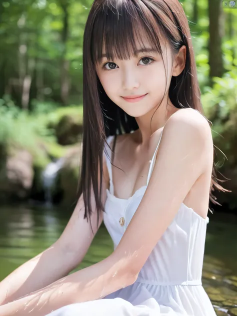 (Close up portrait of slender small-breasted half up brown long hair with bangs girl wearing a white summer dress:1.5)、(One girl is playing with small smile in the clear stream and water fall at the forest in Japan:1.5)、(Summer beautiful blue sky and fores...