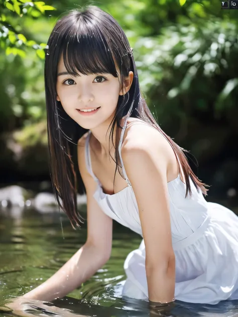 (Close up portrait of slender small-breasted dark silver long hair with swept bangs girl wearing a white summer dress:1.5)、(One girl is splaying with small smile in the clear stream and water fall at the forest in Japan:1.5)、(Summer beautiful blue sky and ...