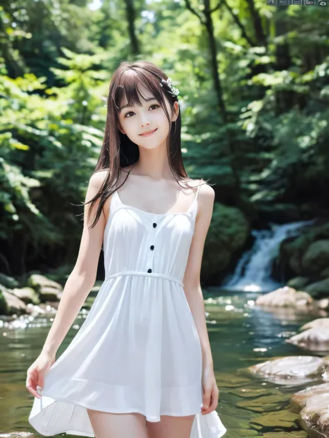 (Close up portrait of slender small-breasted half up brown long hair with bangs girl wearing a white summer dress:1.5)、(One girl is playing with small smile in the clear stream and water fall at the forest in Japan:1.5)、(Summer beautiful blue sky and fores...