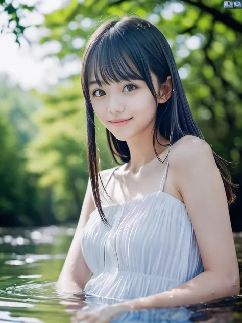 (Close up portrait of slender small-breasted dark silver long hair with swept bangs girl wearing a white summer dress:1.5)、(One girl is splaying with small smile in the clear stream and water fall at the forest in Japan:1.5)、(Summer beautiful blue sky and ...