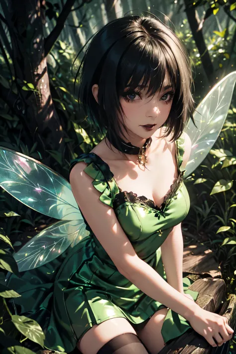 emo_hairstyle, black lipstick, smocky eyes, collar, eyeliner, eye shadow, realistic lighting, short hair, seductive look, Shiny skin, green dress, fairy, transparent wings, Short skirt, thighhighs. Flying, silk dress, medium breast. Forest.