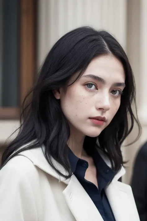 ((best qualityer)), ((work of art)), (detailded), a girl with black wavy hair, her skin color is white and she is very white, blue colored eyes, She has some discreet freckles on her face, she is Russian and is wearing a dark blue coat with a white blouse ...