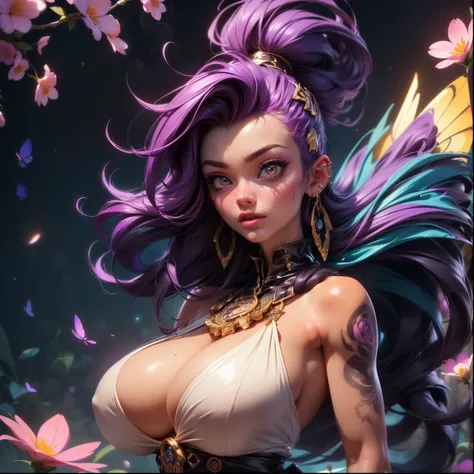 (masterpiece, top quality, best quality, official art, beautiful, cosmic, atmospheric, psychedelic, dreamlike and aesthetic:1.2), (1girl, purple punk rock mohawk hair, tons of tattoos and piercings, super huge enormously gigantic tits), extreme detailed,(f...