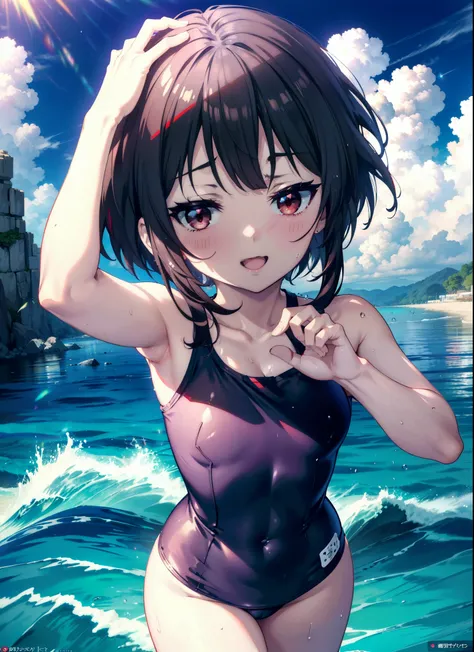 konosubaMegumin, Megumin, short hair, Black Hair, (Red eyes:1.3), short hair with long locks,happy smile,smile, Open your mouth, School Swimsuit,Water Play,Wet Hair,Wet Skin,Wet swimsuit,whole bodyがイラストに入るように,True Summer,Clear skies,Daytime, ...