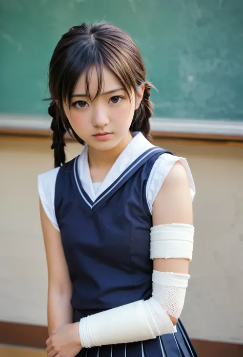 Girl with injured arm,Cast on arm,Sine,Plaster bandage,Plaster cast,Japanese Girl,School uniforms,high school girl