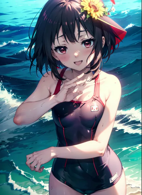 konosubaMegumin, Megumin, short hair, Black Hair, (Red eyes:1.3), short hair with long locks,happy smile,smile, Open your mouth, School Swimsuit,Water Play,Wet Hair,Wet Skin,Wet swimsuit,whole bodyがイラストに入るように,True Summer,Clear skies,Daytime, ...