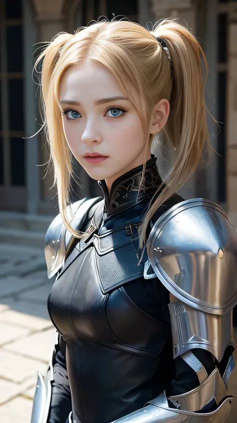 Highest quality、masterpiece、Delicate and beautiful face、Eye and facial details、female knight、Beautiful woman、Black clothes、Cosplay、Medieval European Background、Textured skin、Super Detail、Attention to detail、Blonde、Blue Eyes、Angry face、Twin tails、Short Hair