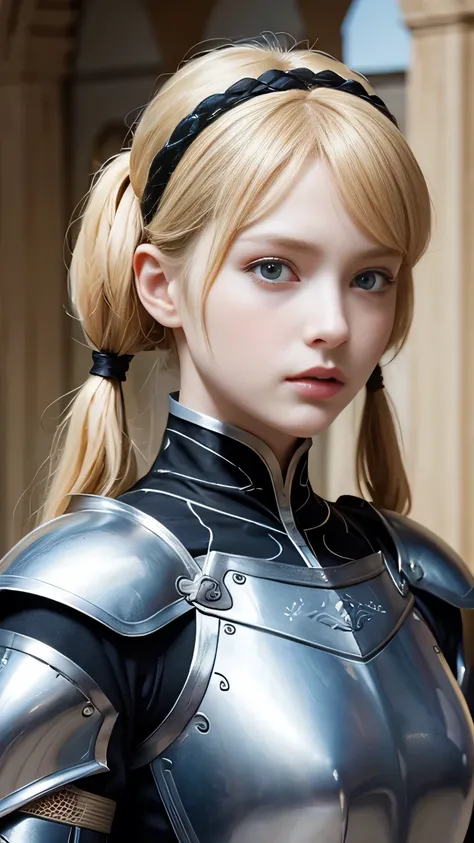 Highest quality、masterpiece、Delicate and beautiful face、Eye and facial details、female knight、Beautiful woman、Black clothes、Cosplay、Medieval European Background、Textured skin、Super Detail、Attention to detail、Blonde、Blue Eyes、Angry face、Twin tails、Short Hair