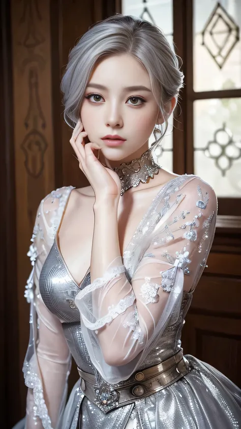 Highest quality、masterpiece、Delicate and beautiful face、Eye and facial details、Beautiful woman、Cosplay、Medieval European Background、Textured skin、Super Detail、Attention to detail、Silver Hair、black eye、Short Hair、Tattoo、Expressionless、Android、mechanical