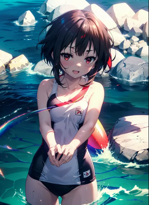 konosubaMegumin, Megumin, short hair, Black Hair, (Red eyes:1.3), short hair with long locks,happy smile,smile, Open your mouth, School Swimsuit,Water Play,Wet Hair,Wet Skin,Wet swimsuit,whole bodyがイラストに入るように,True Summer,Clear skies,Daytime, ...