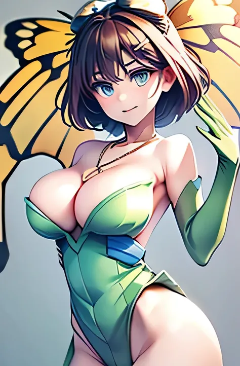  ((masterpiece,best quality,ultra-delicate,Perfect Face,16k,high resolution,very beautiful lady)),yellow butterfly wings on the head,brown medium short hair,black oval hair ornaments:1.2,green leotard,green long boots ,green long arm gloves, large breasts,...