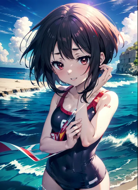 konosubaMegumin, Megumin, short hair, Black Hair, (Red eyes:1.3), short hair with long locks,happy smile,smile, Open your mouth, School Swimsuit,Water Play,Wet Hair,Wet Skin,Wet swimsuit,whole bodyがイラストに入るように,True Summer,Clear skies,Daytime, 　　　　　　　　　　　　　　...