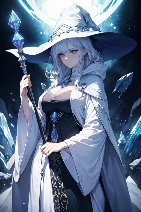 a mature and tall adult woman, the woman is a mage and wears deep white robes with a large witch hat. the woman is using a large crystal staff and the scenario around her is of dark void