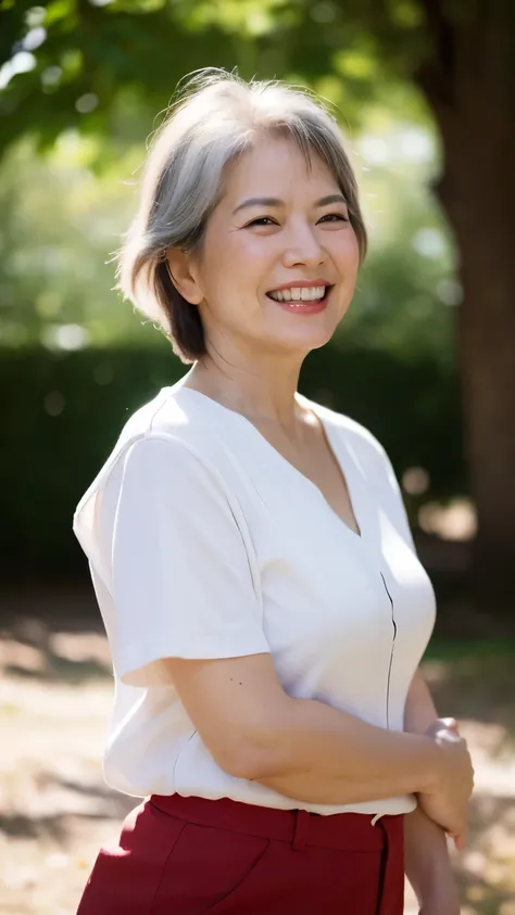 Standing in the park, Wrinkles around the eyes, Smiling with teeth showing, Plain short-sleeved clothing, senior citizen, Draw lips correctly, Red lipstick, No discomfort, 16K, Highest quality, Very detailed, Realistic, Very detailed肌, (Japanese), (alone),...