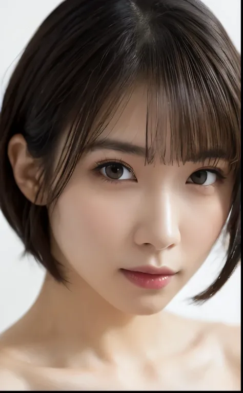 Breast augmentation:1.3、((Naked Women:1.4))、((No underwear:1.4))、1 girl, ((Small, flat chest:1.4))、((Apply beautiful makeup:1.4))、((upper body shot:1.5))、Facial lighting:1.5、(Naughty lips), Very beautiful Japanese idol portraits, Looking into the camera、((...