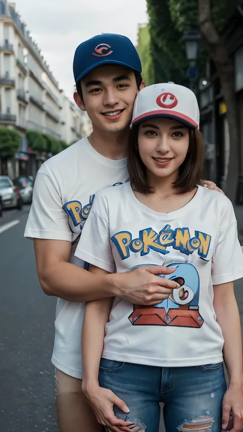 Front view, Full-body, couple is standing pose , on street , in Paris, looking Eiffel Tower, 2024 years ,(1 male and 1 female is exist), (1 male Japanese, 1 boy is 28 age old), base-ball cap, ( (T- shirt of print character Pokemon :1.3) ) , (little fat bo...