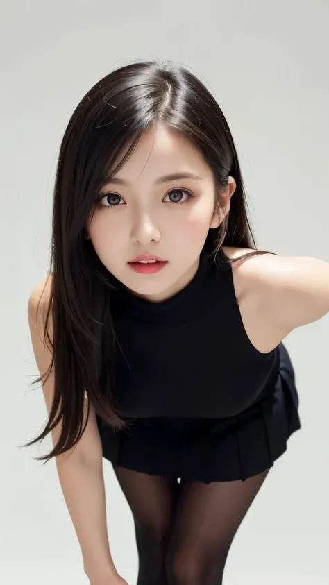 (((forehead、Big Breasts、((leaning forward:1.3))、A calm face、long hair、Northern Europe、White、beautiful girl、Black Hair、White background、High neck sleeveless knit、Tight Skirt、Black tights、cute、Young、True Face、Shiny Hair、whole body)))、table top, highest quali...