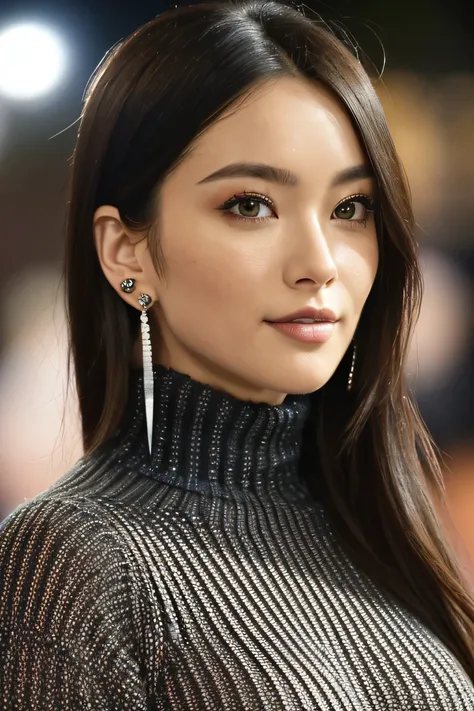 (masterpiece,highest quality:1) Detailed face、Bust shot of a very beautiful woman wearing a turtleneck sweater that is too large and too coarsely knitted、The bra is visible through the knitted sweater. (((Very sharp focus、Sharp cutting edge)))、Beautiful ph...