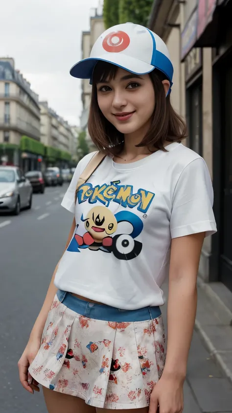 Front view, Full-body, couple is standing pose , on street , in Paris, looking Eiffel Tower, 2024 years ,(1 male and 1 female is exist), (1 male Japanese, 1 boy is 28 age old), ( Pokemon character helmet), ( (T- shirt of print character Pokemon :1.3) ) , (...