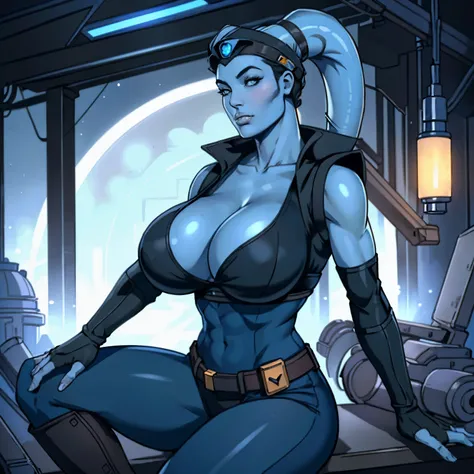 (masterpiece:1.2, best quality:1.2, beautiful, high quality, highres:1.1, aesthetic), detailed, extremely detailed, ambient soft lighting, 4K, perfect eyes, perfect face, perfect lighting, 1girl, (((blue skin)), twilek), (wearing black sleeveless shirt, gr...