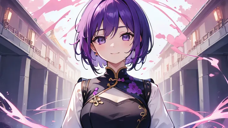 (T Masterpiece，4K wallpaper，Best Quality))、((girl１people))、(solo)、Bright and Brilliant，(Purple Hair)、(short hair:1.3)、smile、China dress