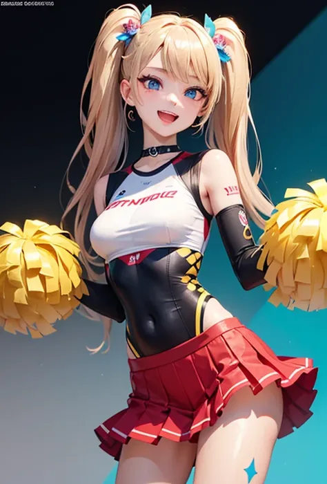 (Super detailed、Ultra-high resolution、8K masterpiece、Vibrant colors)、((Flat Color))、Stadium、Cheerleaders cheering、(Gold chain accessories on the body)、Random Sexy Poses、Sweaty、 ((body paint、Pop tattoo on thigh))、Big Breasts、(Cheerleading Costumeini skirt、c...