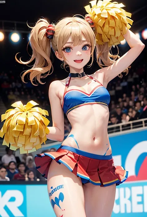 (Super detailed、Ultra-high resolution、8K masterpiece、Vibrant colors)、((Flat Color))、Stadium、Five cheerleaders cheering、(Gold chain accessories on the body)、Random Sexy Poses、Sweaty、 ((body paint、Pop tattoo on thigh))、Big Breasts、(Naughty cheerleading outfi...