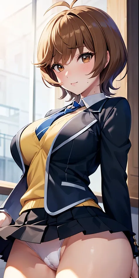 1 Female,High definition,high resolution,Ultra-realistic,8K, hmza, short hair, antenna hair, brown eyes, , blue necktie, (black jacket), yellow shirt,long sleeves,( black skirt),tight skirt , miniskirt,European,sexy,Upper body close-up,Photographed from th...