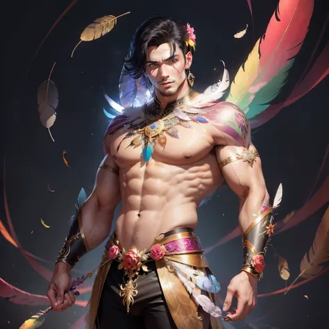 a young man, large chest muscles, showing abdomen, Bblack hair, ssmile, thighs exposed, Correia, tristezas colorfullys, metal ornaments, colorfully flowers, particles, Lumiere, (work of art, Maximum quality, best qualityer, offcial art, beautiful and aest...