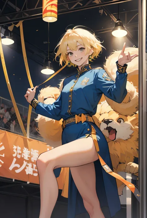 girl, whole body, short hair, Blonde, small, yellow, smile,Circus広場, Lion, Red and navy blue costume,High leg costume,Circus,