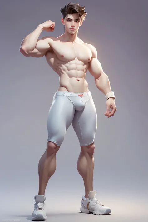 (masterpiece, best quality) 1male, young adult teen, character, muscular body, thin waist, tall, highly attractive body to the female gaze, light pale skin color, 3D character render, white background, hdr, 8k, wearing plain underwear, 10% fat percentage, ...