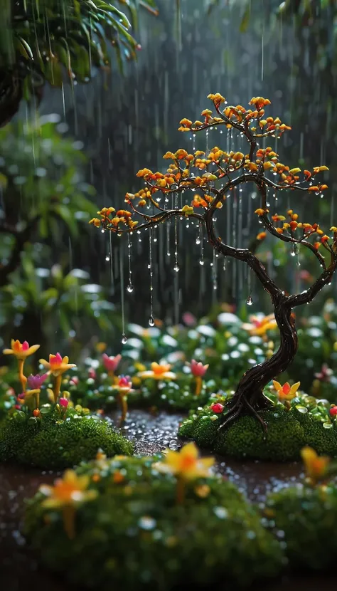 Raining time, intricate raining droplet,A stunning miniature scene set in a magical rainforest, miniature medieval city, cloudy day time,rainy day,day time,The low-key mood is enhanced by the soft lighting, casting a warm glow over the delicate colorful fl...