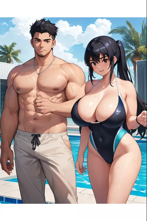 (18-year-old:2.0), ((coastal:1.5)),(((1 man ＆ 1girl is lined up:2.0))),((A woman with huge breasts is wearing a high-cut swimsuit:2.0)),(Huge breasts:1.5),((1. The man is shirtless.:2.0)),(Smiling Beam:1.5), Two people,Highest quality, 4K, masterpiece, Ver...