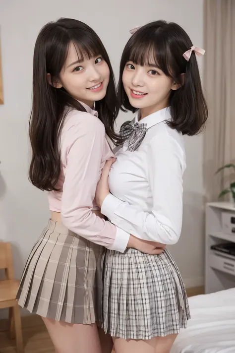 bright room、two girls in the bedroom,white long-sleeved shirt and pale pink bow tie,checkered pleated micro mini skirt,white t-b...