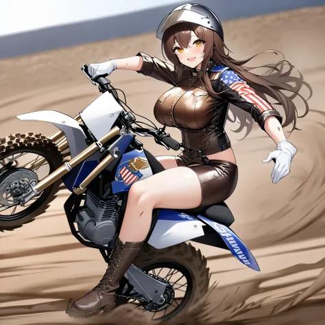 A woman wearing a leather motocross uniform, brown uniform with black details, wearing a motocross helmet, orange eyes, brown hair, big breasts, black leather boots, United States coat of arms on her arm, white gloves, smiles, riding a motocross bike, mud ...