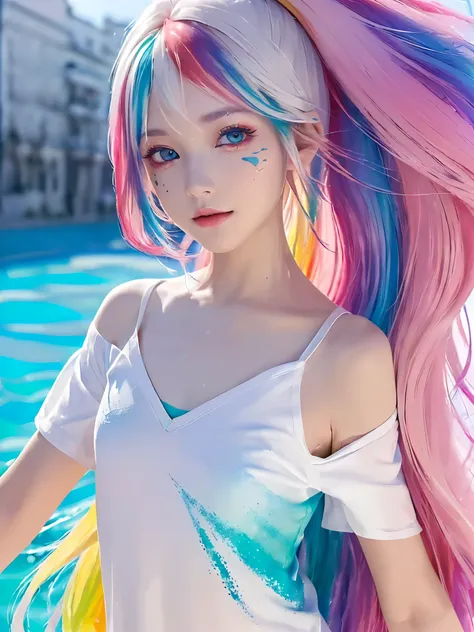 （Pink Fashion T-shirt：1.9），(Colorful hair: 1.8), (all the colours of the rainbow: 1.8),(((((vertical painting：1.6))), （painting：1.6），front, comics, illustrations, paintings, large eyes, crystal clear eyes,（ rainbow color gradient high ponytail：1.7）, exquis...