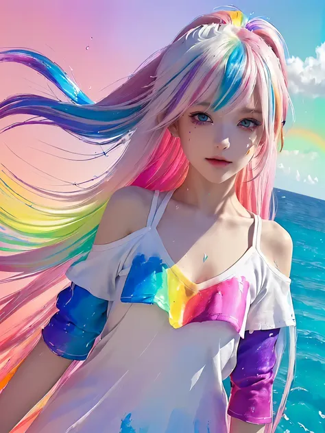 （Pink Fashion T-shirt：1.9），(Colorful hair: 1.8), (all the colours of the rainbow: 1.8),(((((vertical painting：1.6))), （painting：1.6），front, comics, illustrations, paintings, large eyes, crystal clear eyes,（ rainbow color gradient high ponytail：1.7）, exquis...