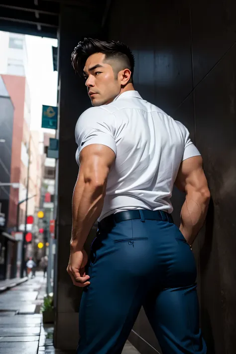 40-year-old boy japanese muscular male in white police uniform., wearing navy blue satin trouser...........gooning seductive exp...