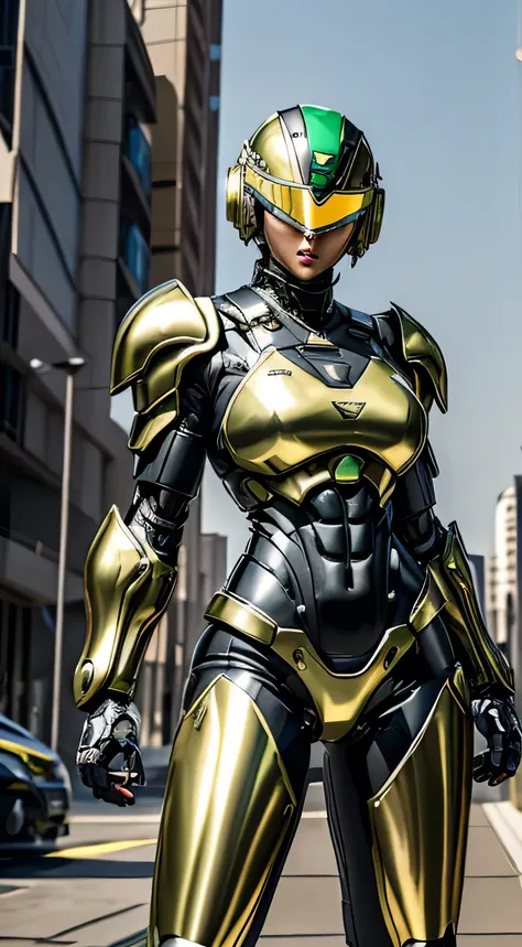 Female Robocop Solo、Bright outdoors、strong light source、8k, high quality, masterpiece, 最high quality, Crisp contrast、Very detailed、Full body armor、Very large armor、Helmet covering the head、Clear photos、The eyes are hidden by thin, translucent straight gogg...