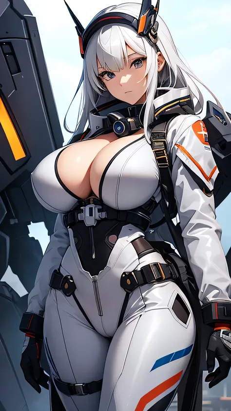 beautiful detailed female japanese, wearing Mecha Pilot Suit - High-tech jumpsuit with various utility belts and a helmet, white hair, slender, large breast, massive cleavage exposed, huge buttock, giant mecha in the background