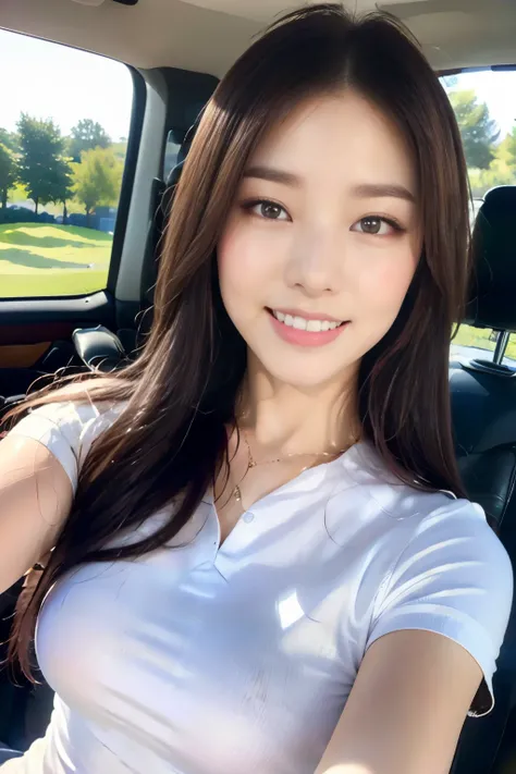 ((Highest quality, 8k, masterpiece :1.3)),((Female professional golfer)),(Dazzling Smile:1.3),Golf course,Blue Golf Wear,Blue Skirt,blue sky,nice shot,Big Breasts:1.3,Saggy breasts,double eyelid,(masterpiece: 1.3), (Maximum resolution: 1.4), (Ultra-high re...