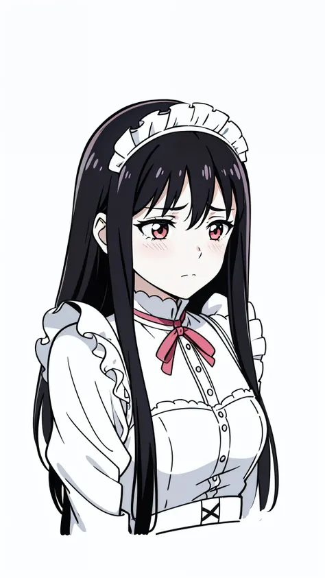 (1girl,20 years old,mature female),black hair,long hair,hair between eyes,maid outfit,sad,blush,(white background,line drawing),from front,upper body